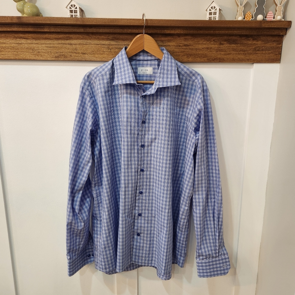 NWOT ETON Button Up Shirt 18 46 Contemporary Blue Check Gingham 100% Cotton - Picture 1 of 13